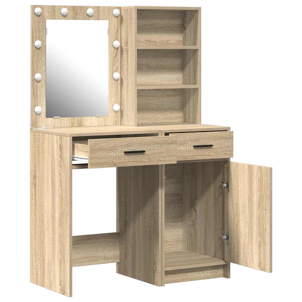 Dressingbordsett med LED 2 pcs Sonoma eik Konstruert tre