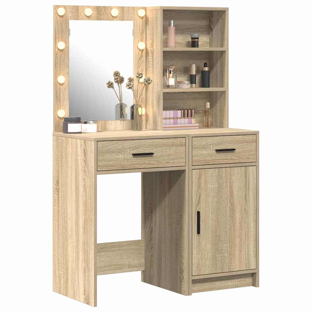 Dressingbordsett med LED 2 pcs Sonoma eik Konstruert tre