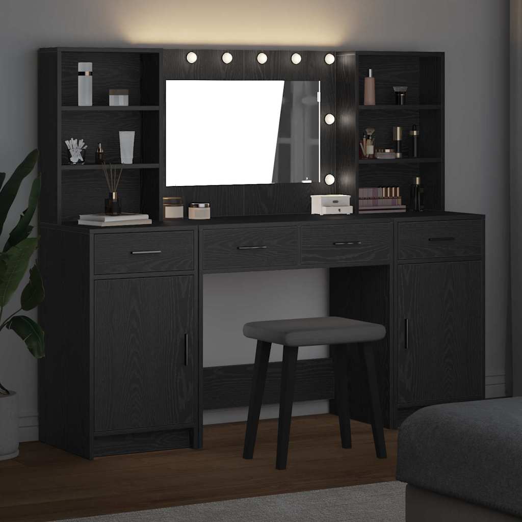 Dressingbordsett med LED med dør 3 pcs Svart Eik Konstruert tre