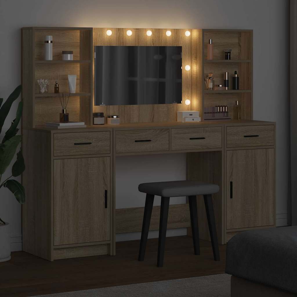 Dressingbordsett med LED 3 pcs Sonoma eik Konstruert tre