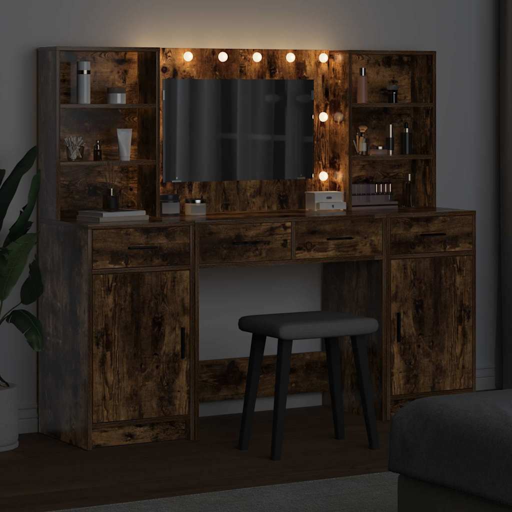 Dressingbordsett med LED med dør 3 pcs Røkt eik Konstruert tre