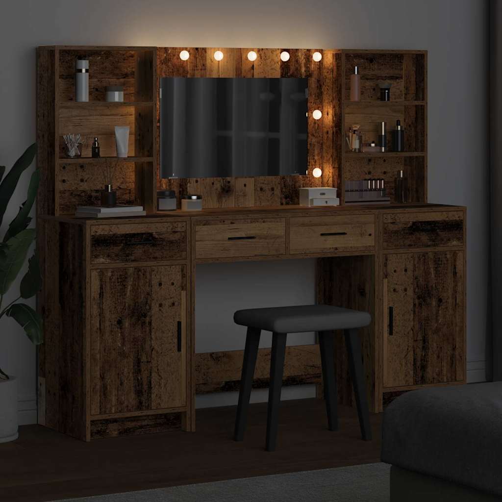 Dressingbordsett med LED 3 pcs Gammelt tre Konstruert tre