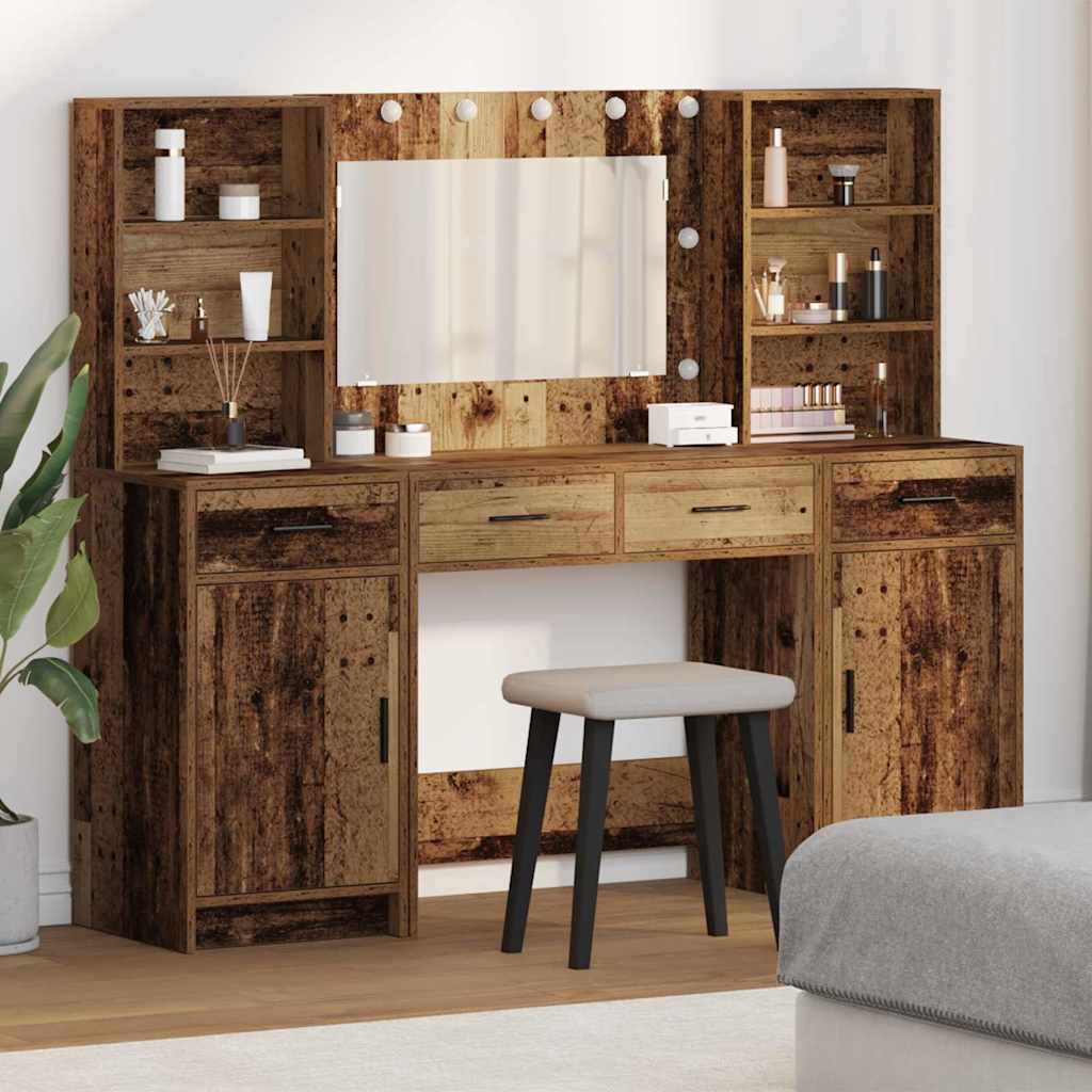 Dressingbordsett med LED 3 pcs Gammelt tre Konstruert tre