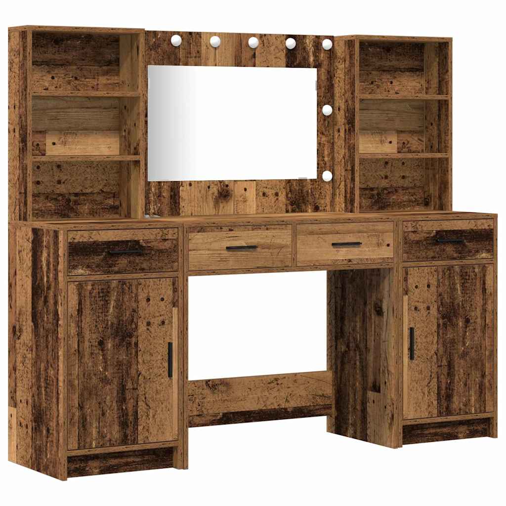 Dressingbordsett med LED 3 pcs Gammelt tre Konstruert tre