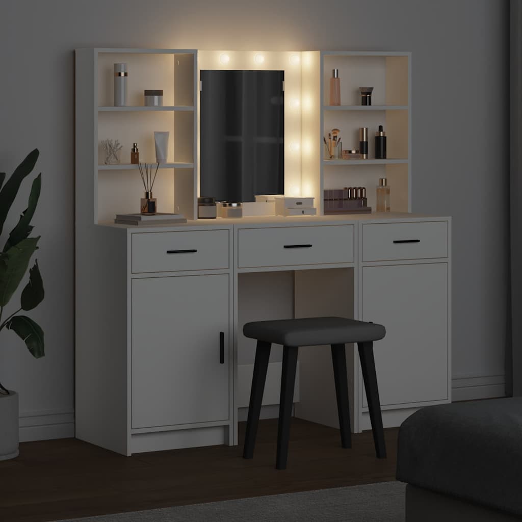 Dressingbordsett med LED med speillys 3 pcs Hvit Konstruert tre