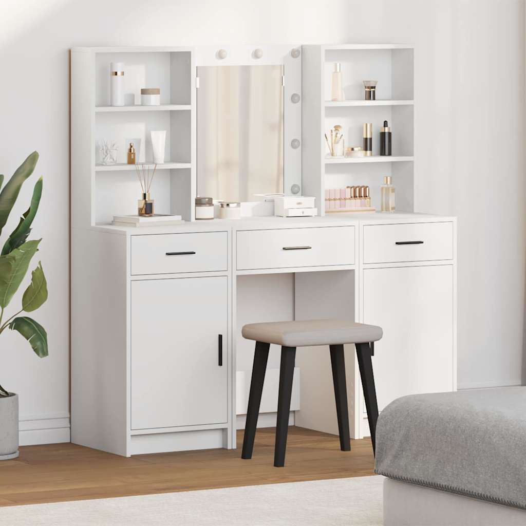 Dressingbordsett med LED med speillys 3 pcs Hvit Konstruert tre