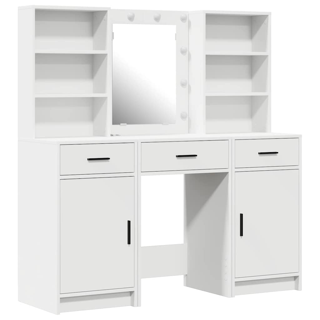 Dressingbordsett med LED med speillys 3 pcs Hvit Konstruert tre