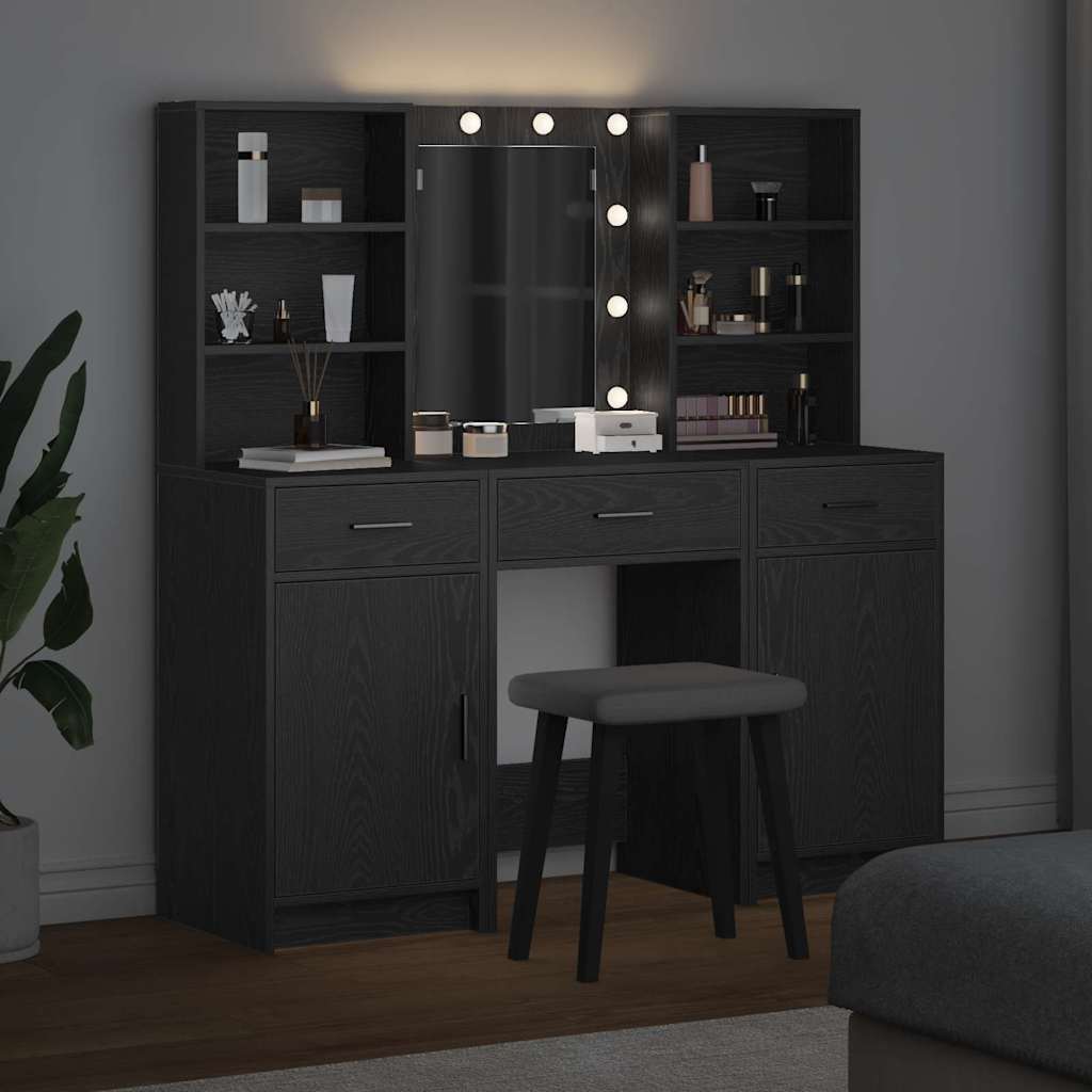 Dressingbordsett med LED med dør 3 pcs Svart Eik Konstruert tre