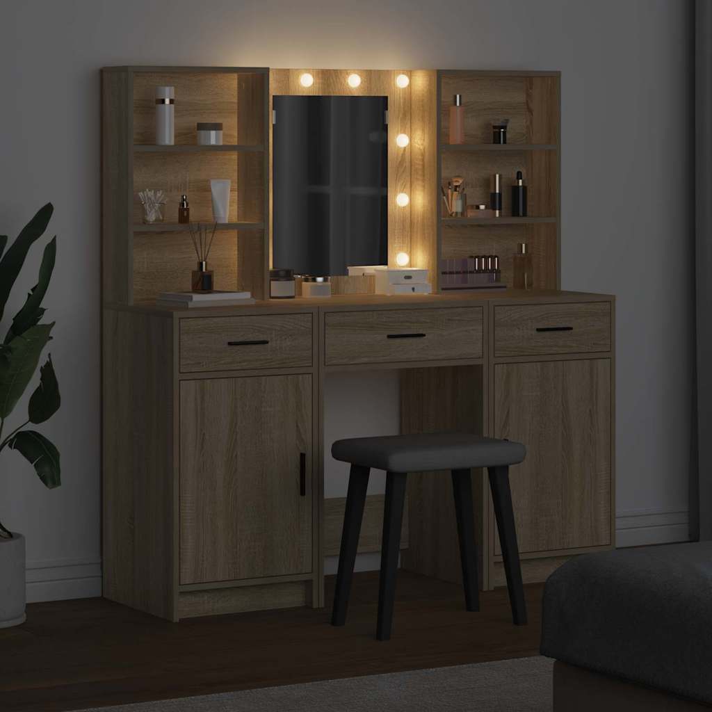 Dressingbordsett med LED 3 pcs Sonoma eik Konstruert tre