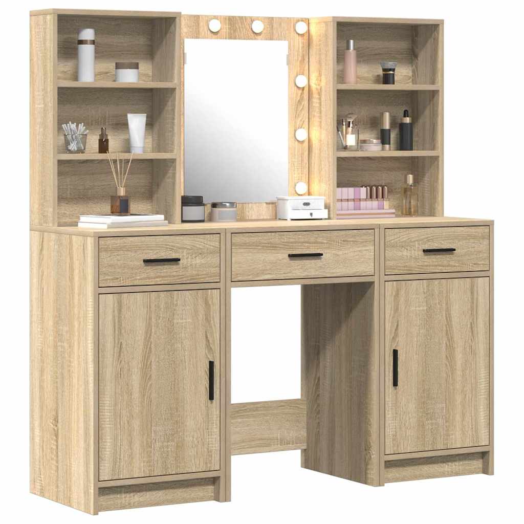 Dressingbordsett med LED 3 pcs Sonoma eik Konstruert tre