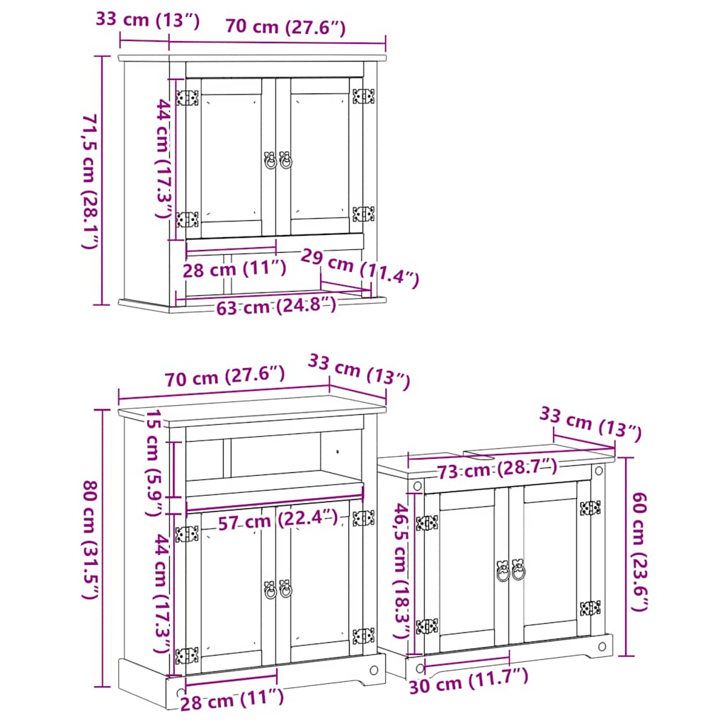 Baderomsskap 3 stk Corona heltre furu vidaXL