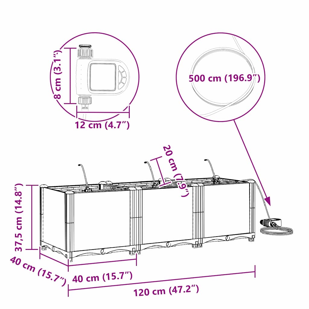 Hageblomsterpotte 3 pcs Hvit 120 x 40 x 37,5 cm Plast