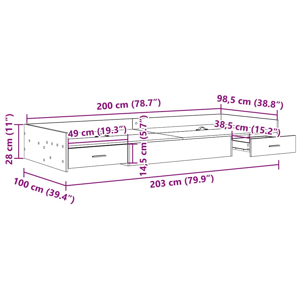 Seng med lagring med hodegjerde Svart Eik 100 x 200 cm Konstruert tre