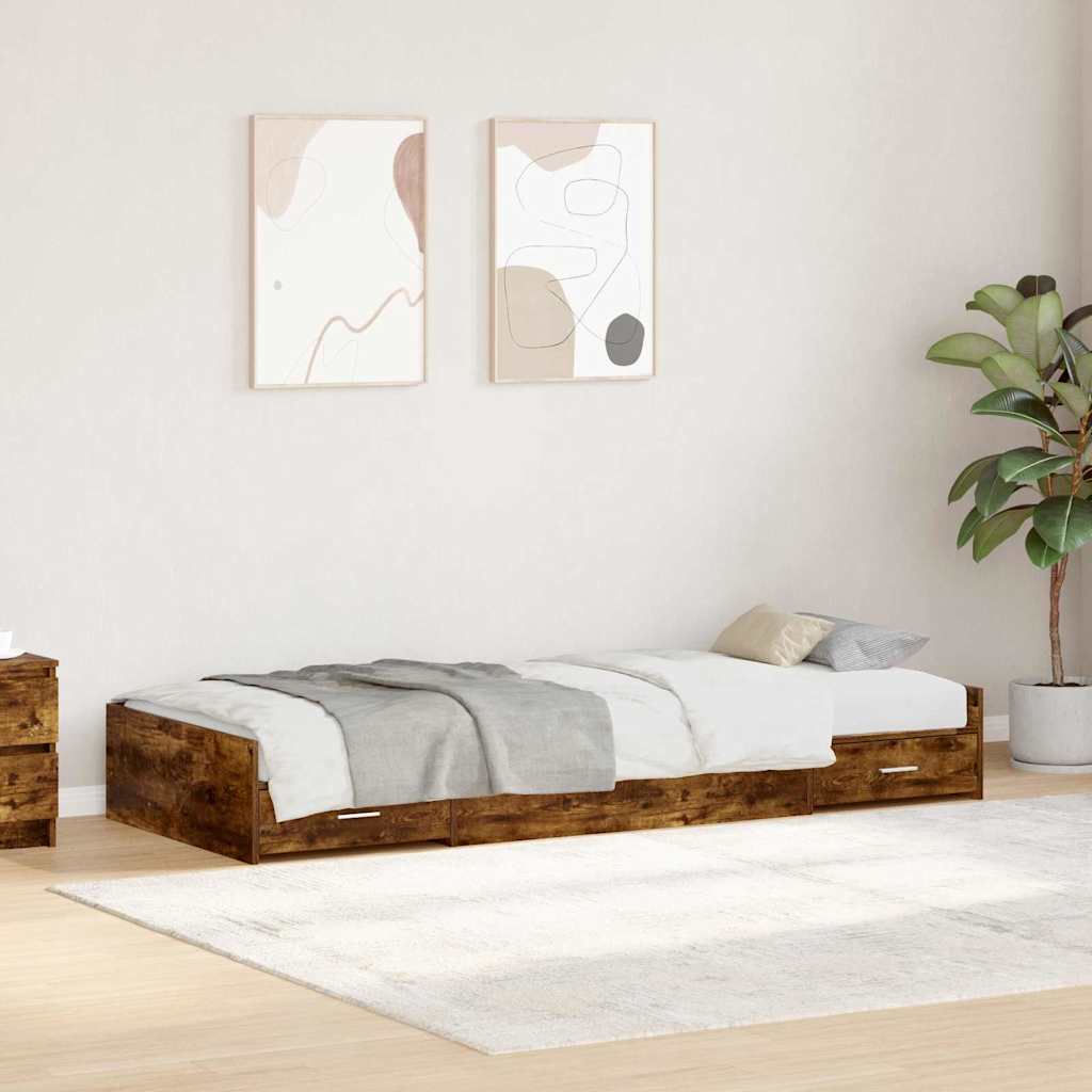 Seng med lagring med hodegjerde Røkt eik 80 x 200 cm Konstruert tre