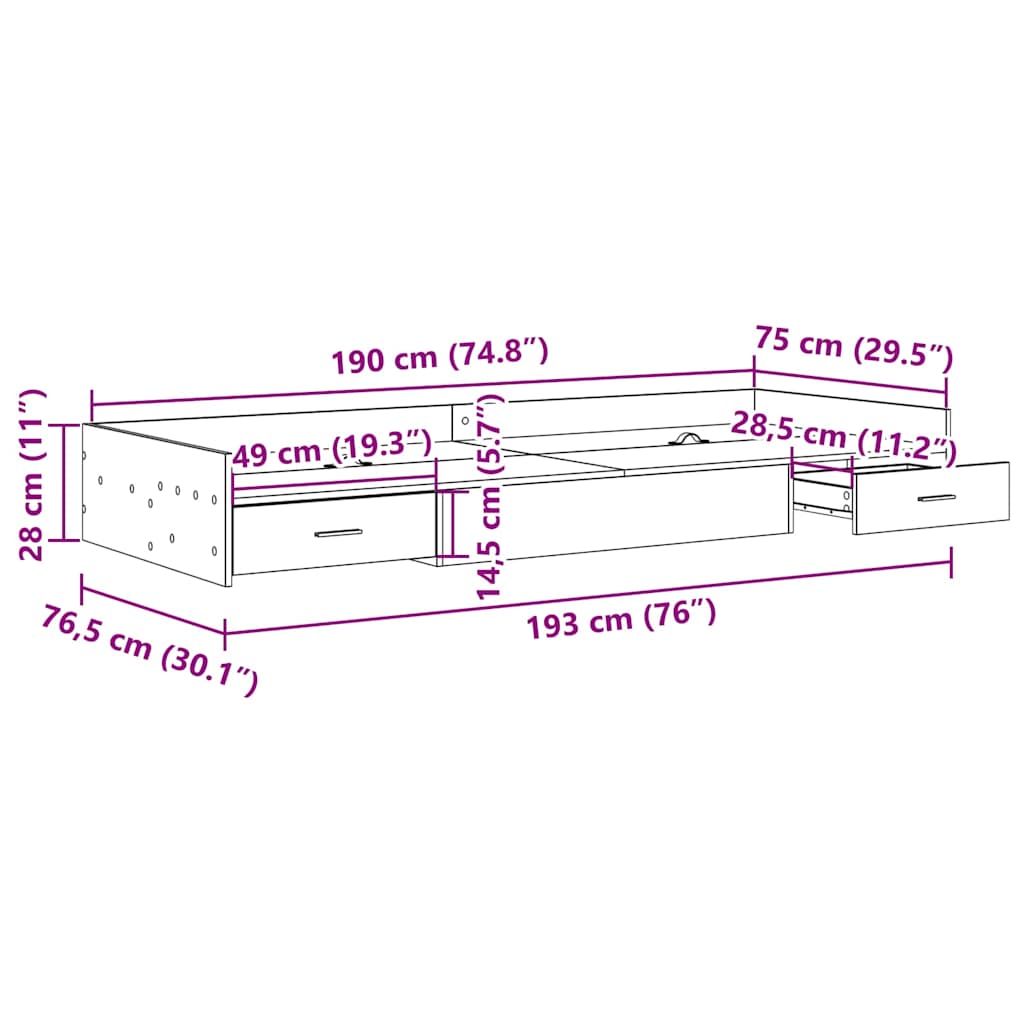 Seng med lagring med hodegjerde Betonggrå 75 x 190 cm Konstruert tre