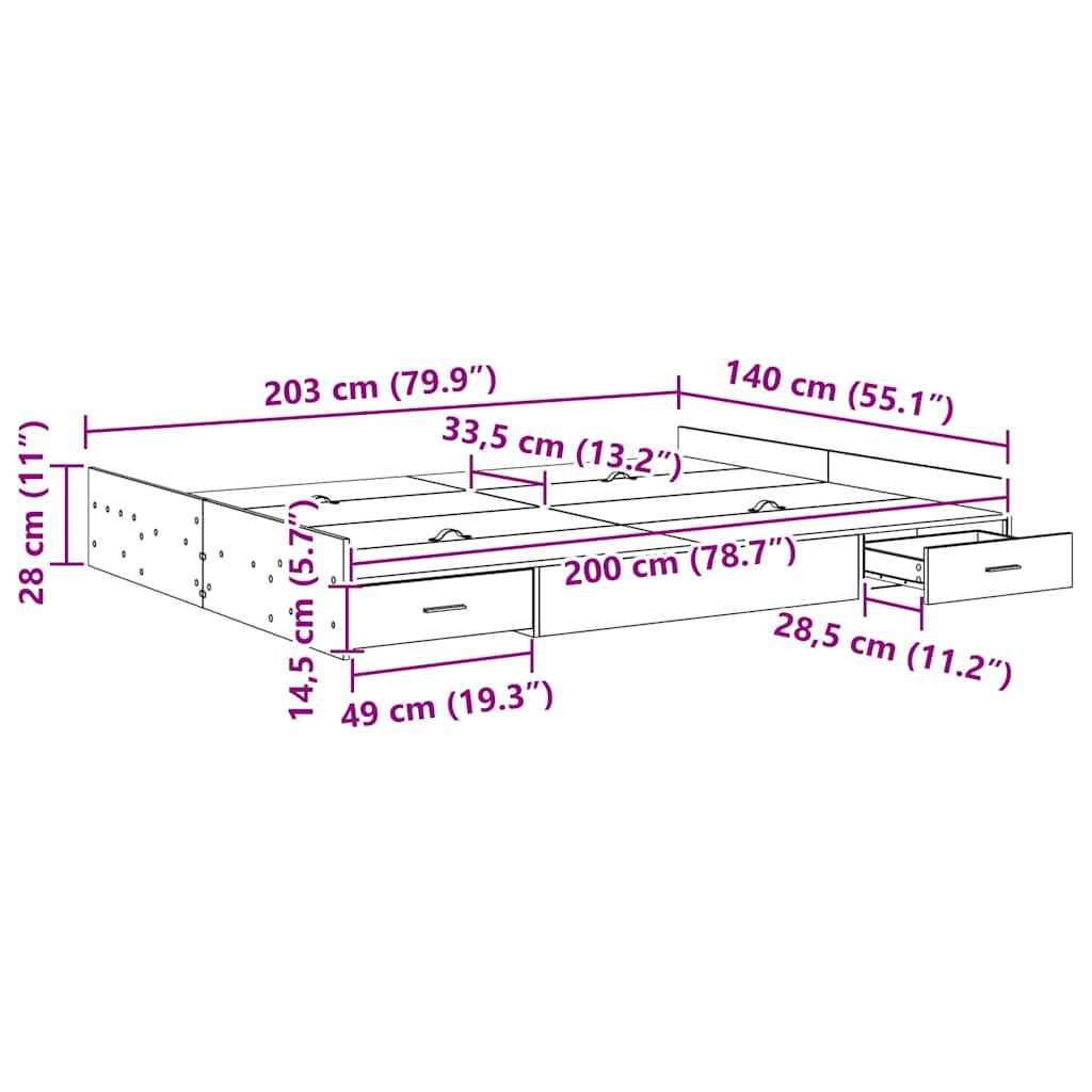 Seng med lagring med skuff Røkt eik 140 x 200 cm Konstruert tre