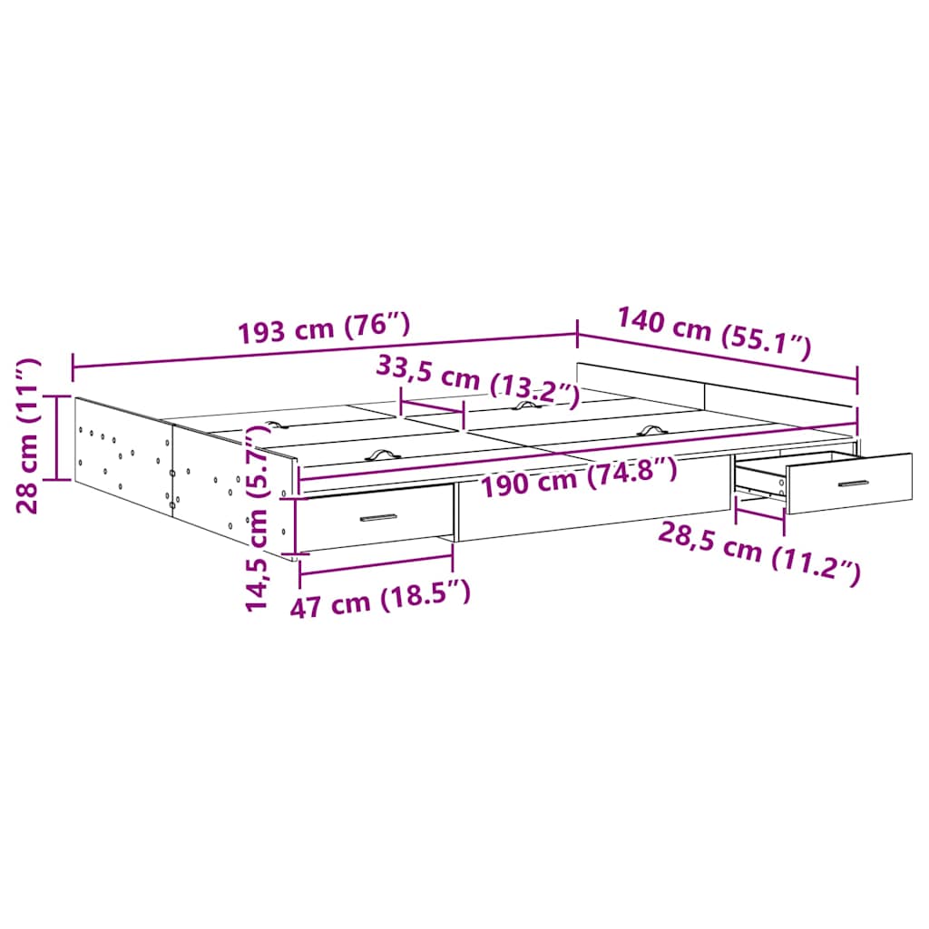Seng med lagring med skuff Røkt eik 140 x 190 cm Konstruert tre