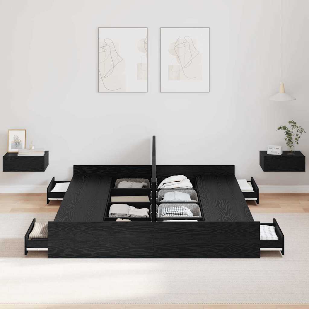 Seng med lagring Svart Eik 135 x 190 cm Konstruert tre