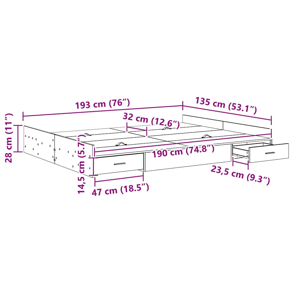 Seng med lagring Svart Eik 135 x 190 cm Konstruert tre