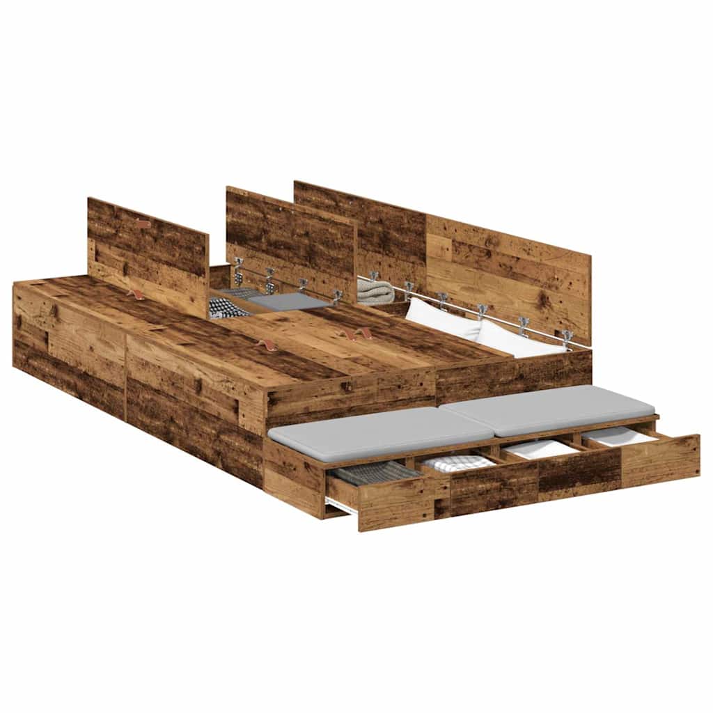 Seng med lagring med skuff Gamle tre 120 cm Konstruert tre
