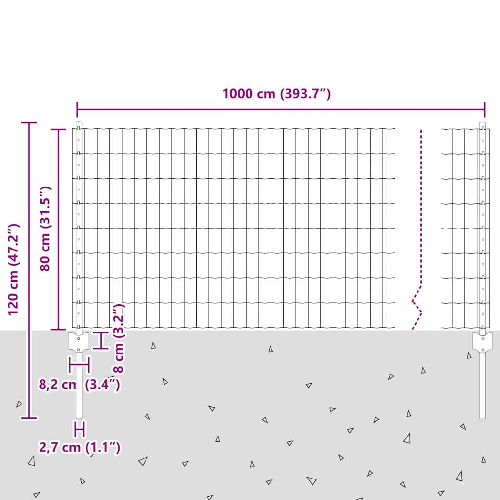 Gjerde med innlegg. sølv 0.8 x 10 m Stål