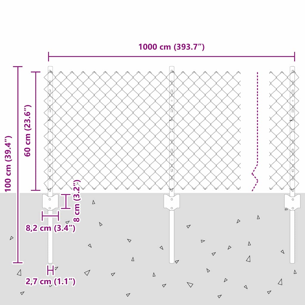 Kjettinggjerde med stolpe 10 x 0,6 m Galvanisert stål Sølv Mesh