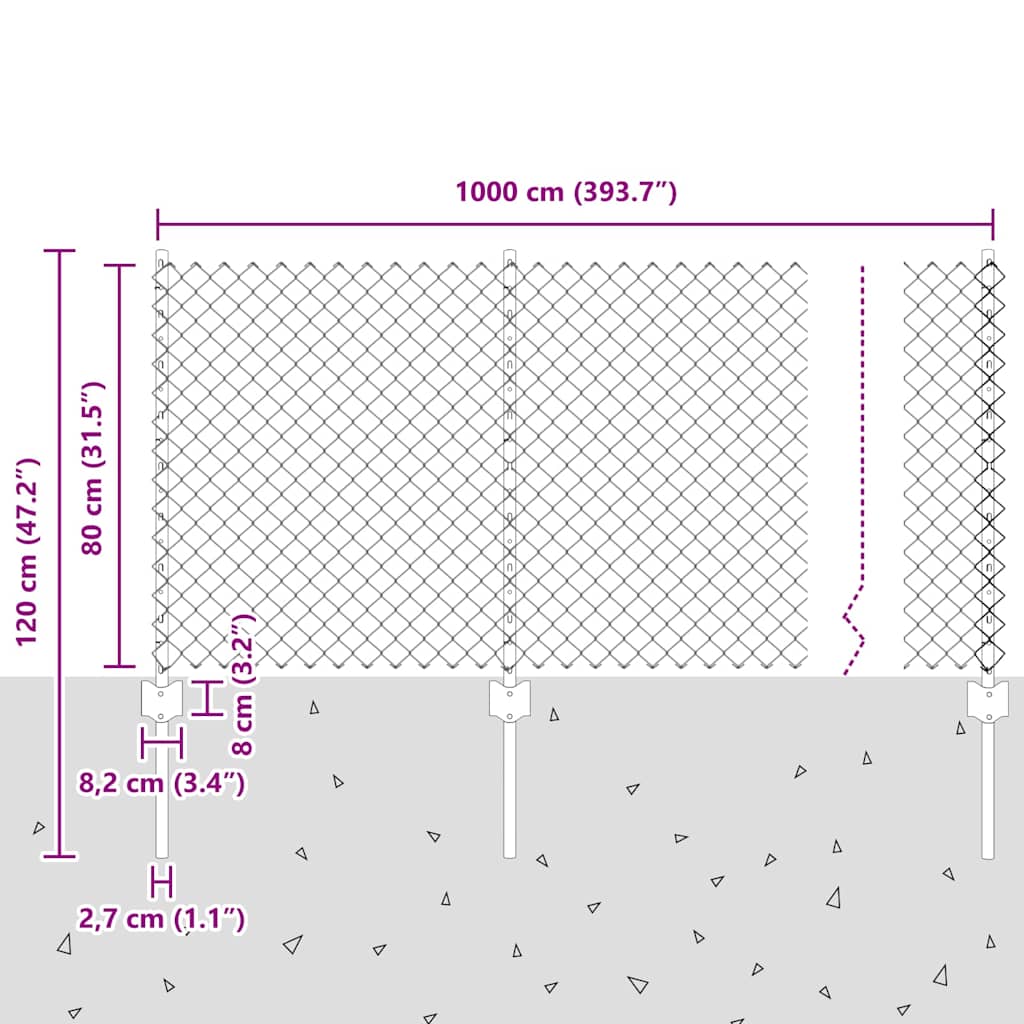 Kjettinggjerde med stolpe 10 x 0,8 m Galvanisert stål Sølv Mesh