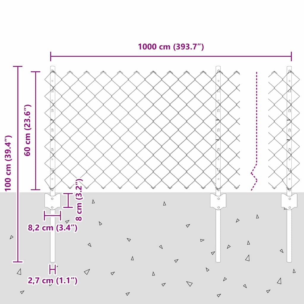 Gjerde med innlegg. sølv 0.6 x 10 m Stål