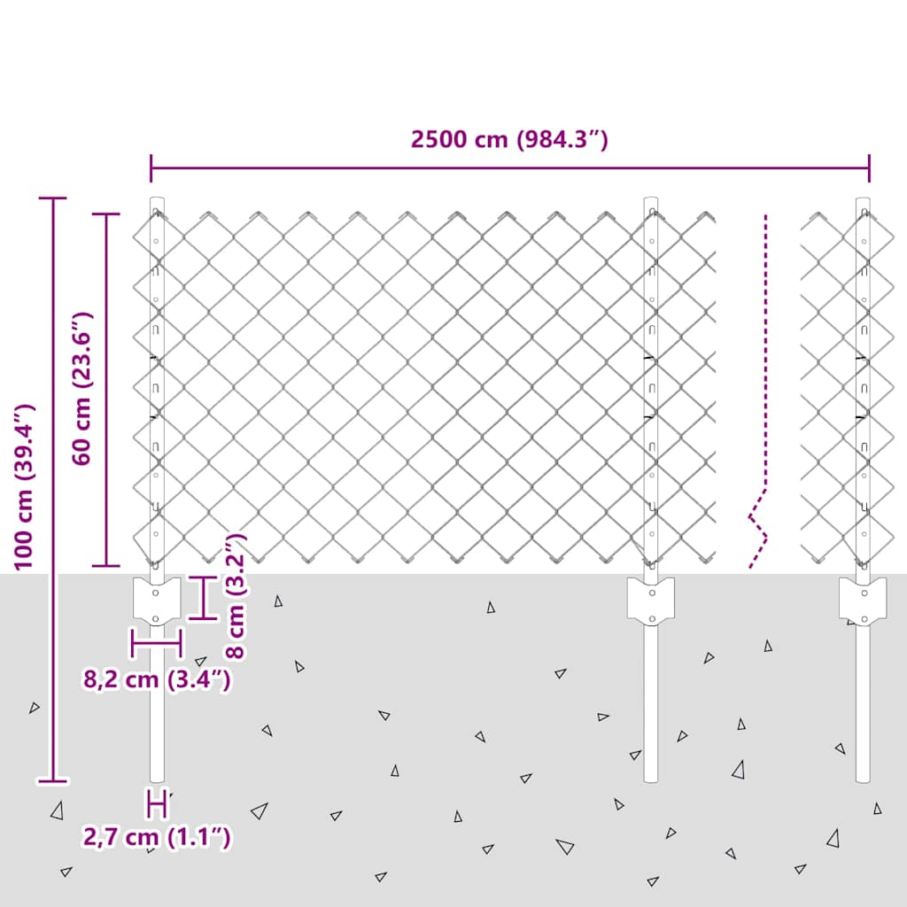 Kjettinggjerde med stolpe 25 x 0,6 m Galvanisert stål Sølv Mesh