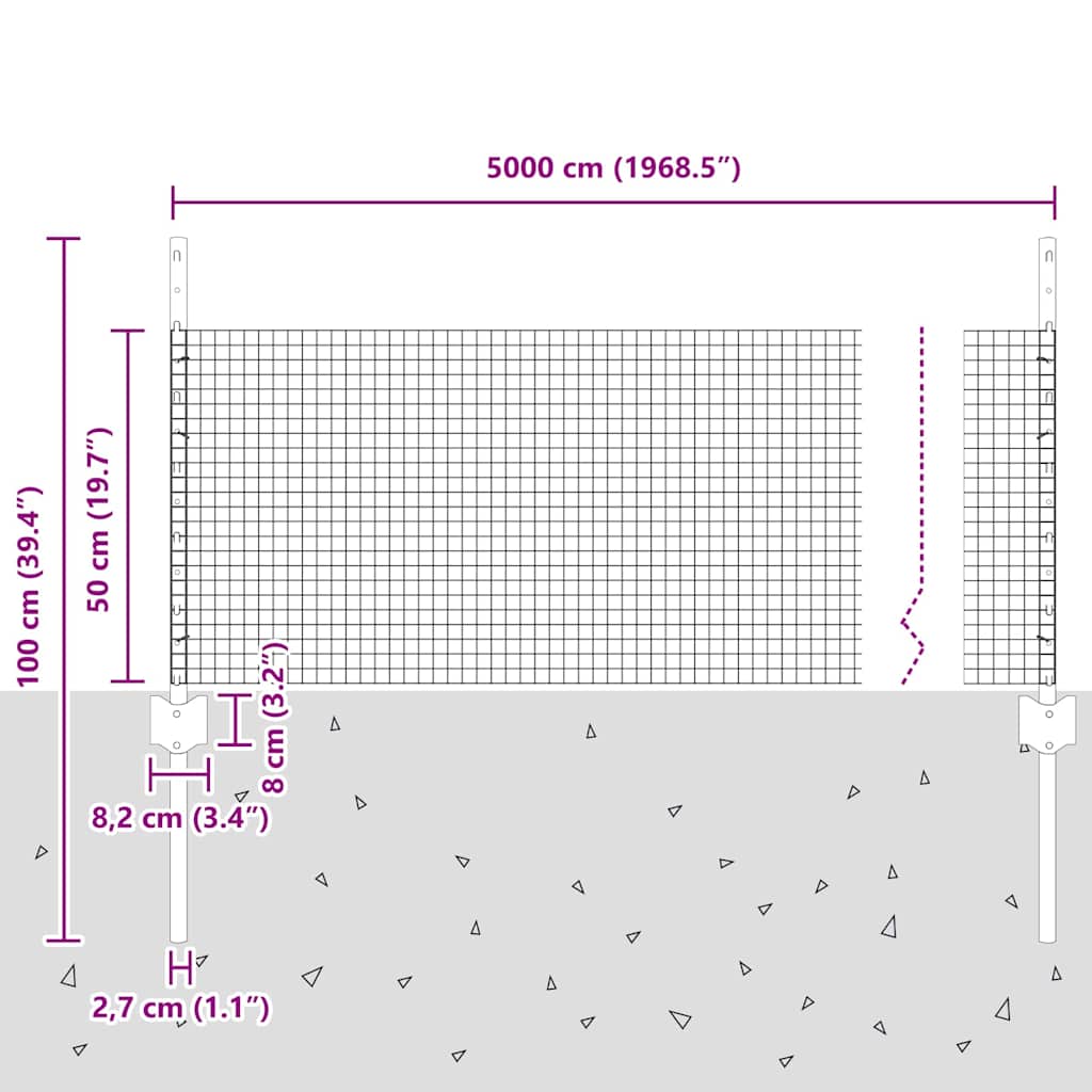 Sveiset trådgjerde med stolper 50 x 0,5 m PVC-belagt stål Grå