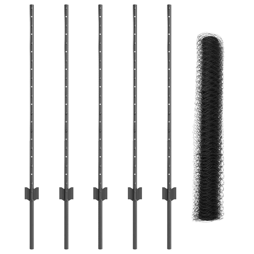 Sekskantet gjerde med post 10 x 1 m PVC-belagt stål Grå Mesh