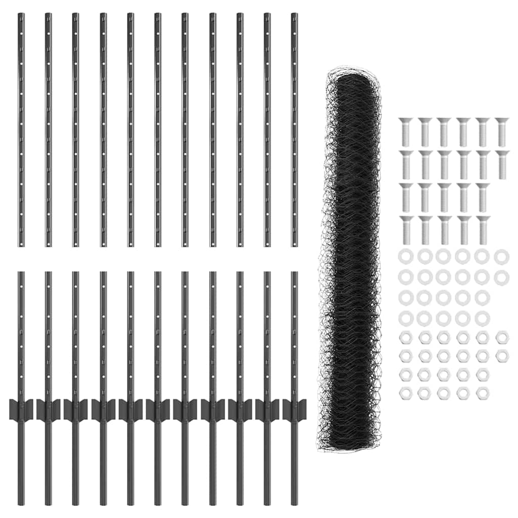 Sekskantet gjerde med post 25 x 1 m PVC-belagt stål Grå Mesh