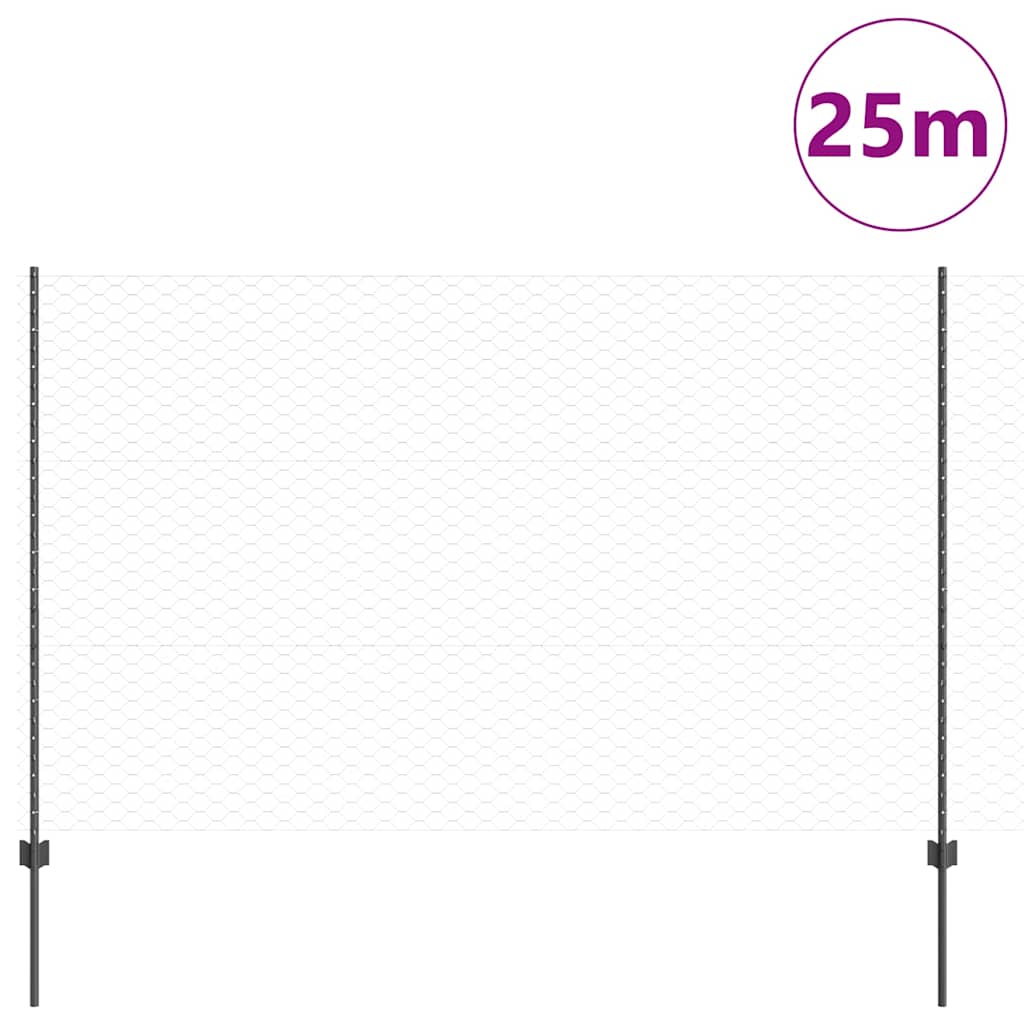 Sekskantet gjerde med post 25 x 1,5 m PVC-belagt stål Grå Mesh