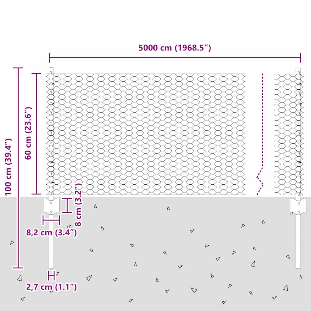 Sekskantet gjerde med post 50 x 0,6 m PVC-belagt stål Grå Mesh