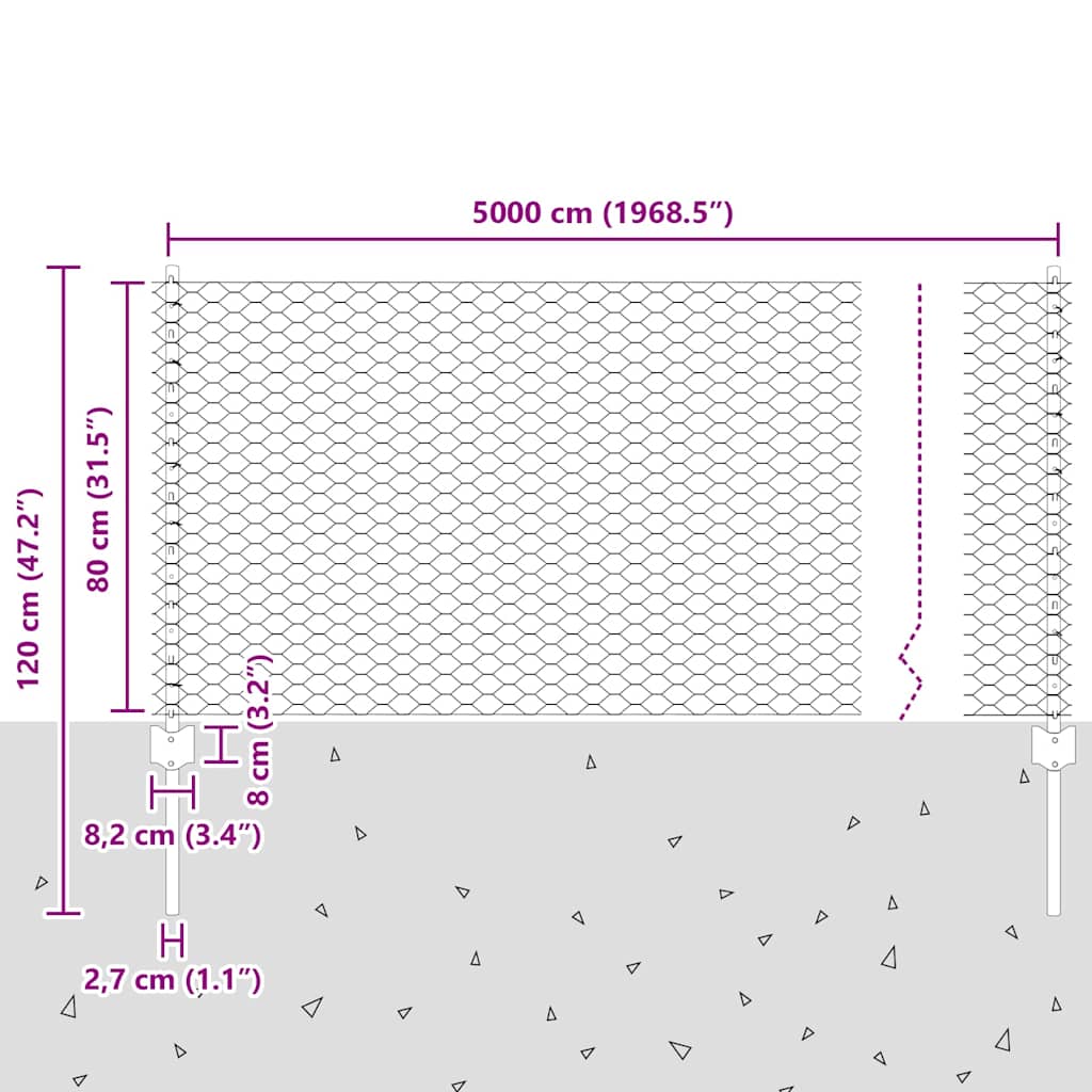 Sekskantet gjerde med post 50 x 0,8 m PVC-belagt stål Grå Mesh