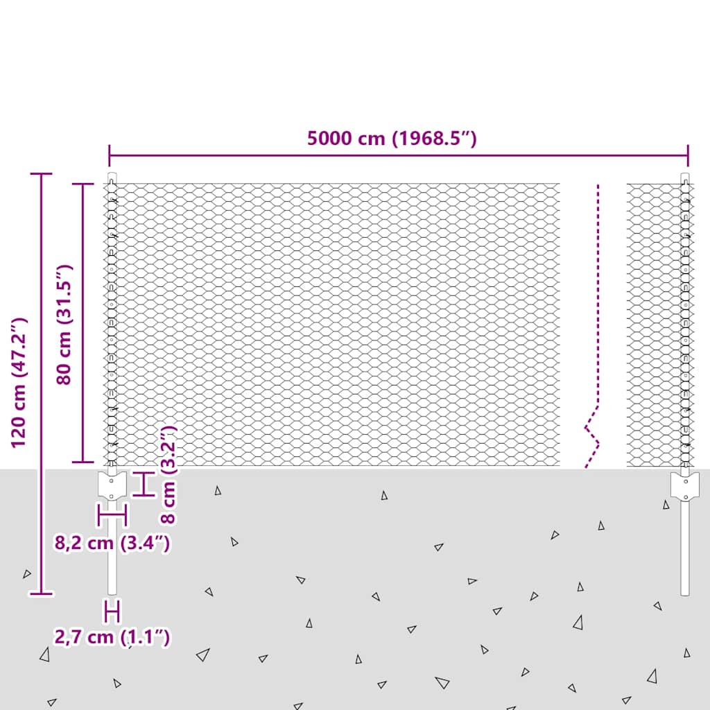 Sekskantet gjerde med post 50 x 0,8 m PVC-belagt stål Grå Mesh