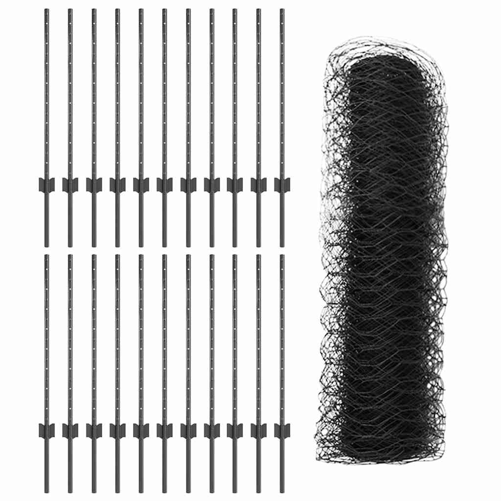 Sekskantet gjerde med post 50 x 0,8 m PVC-belagt stål Grå Mesh