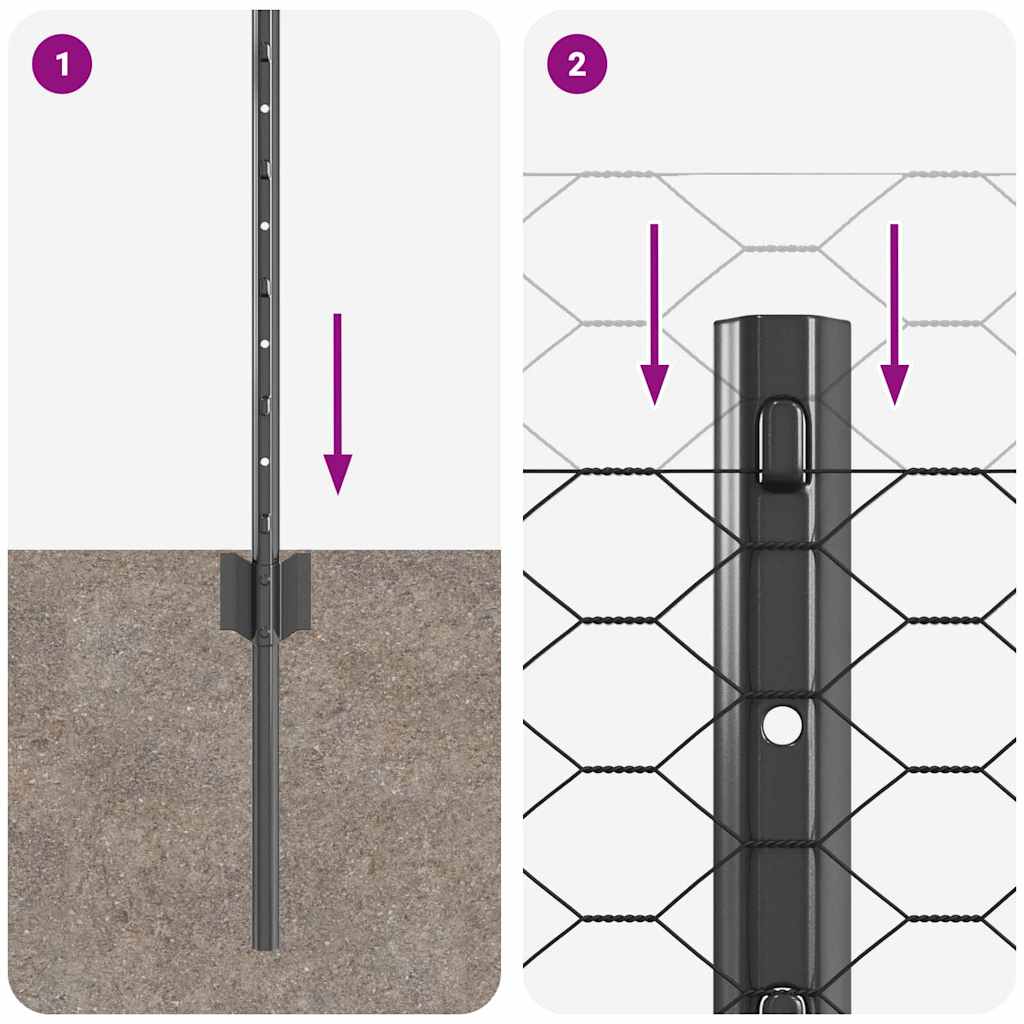 Sekskantet gjerde med post 100 x 0,5 m PVC-belagt stål Grå Mesh