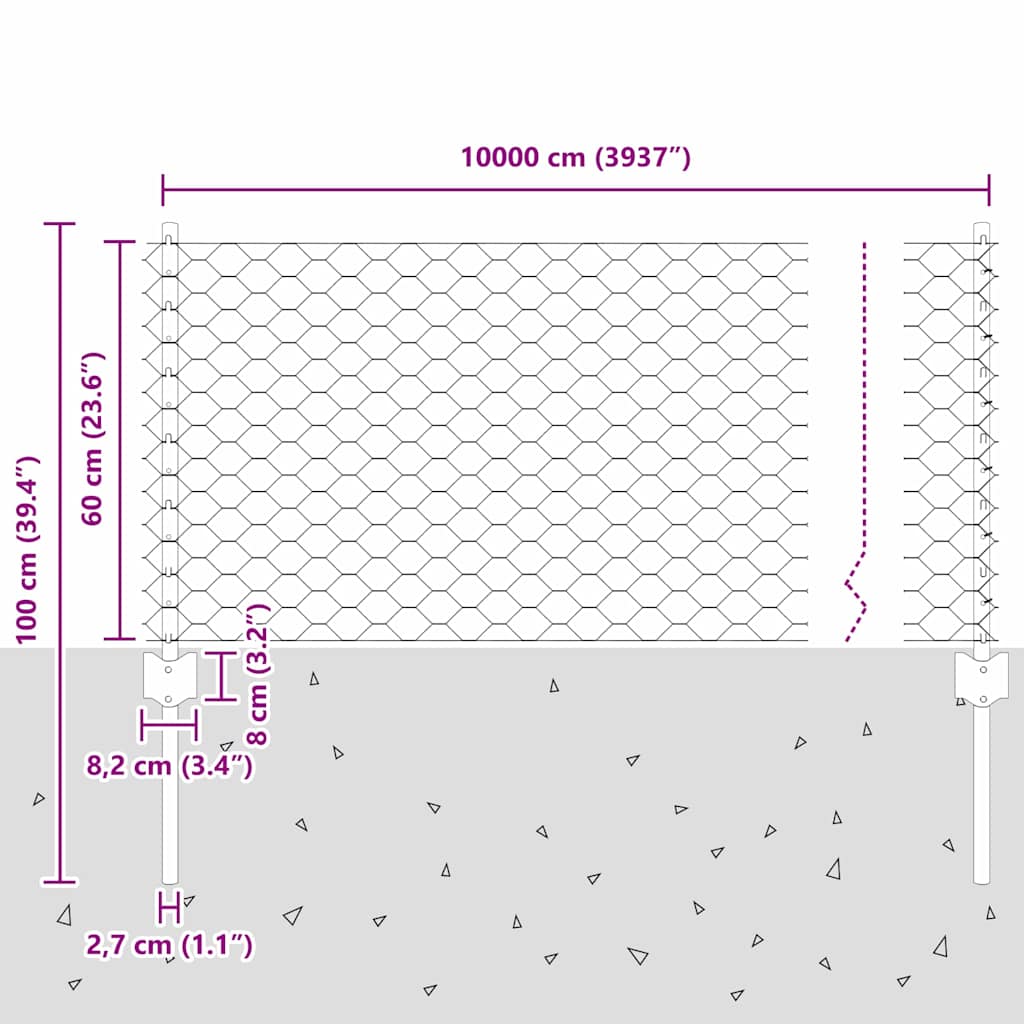 Sekskantet gjerde med post 100 x 0,6 m PVC-belagt stål Grå Mesh