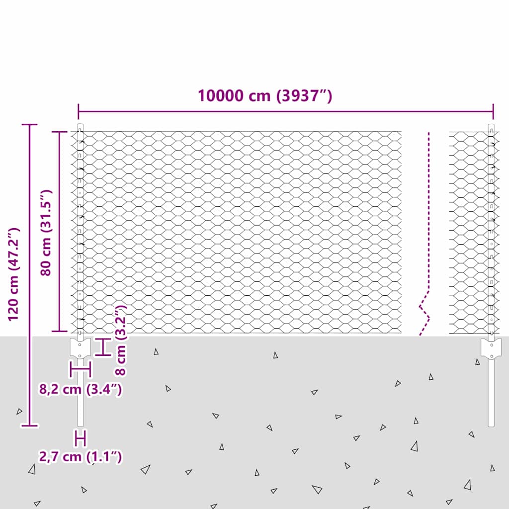 Sekskantet gjerde med post 100 x 0,8 m PVC-belagt stål Grå Mesh