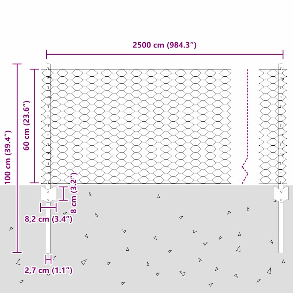 Gjerde med innlegg. sølv 0.6 x 25 m Stål