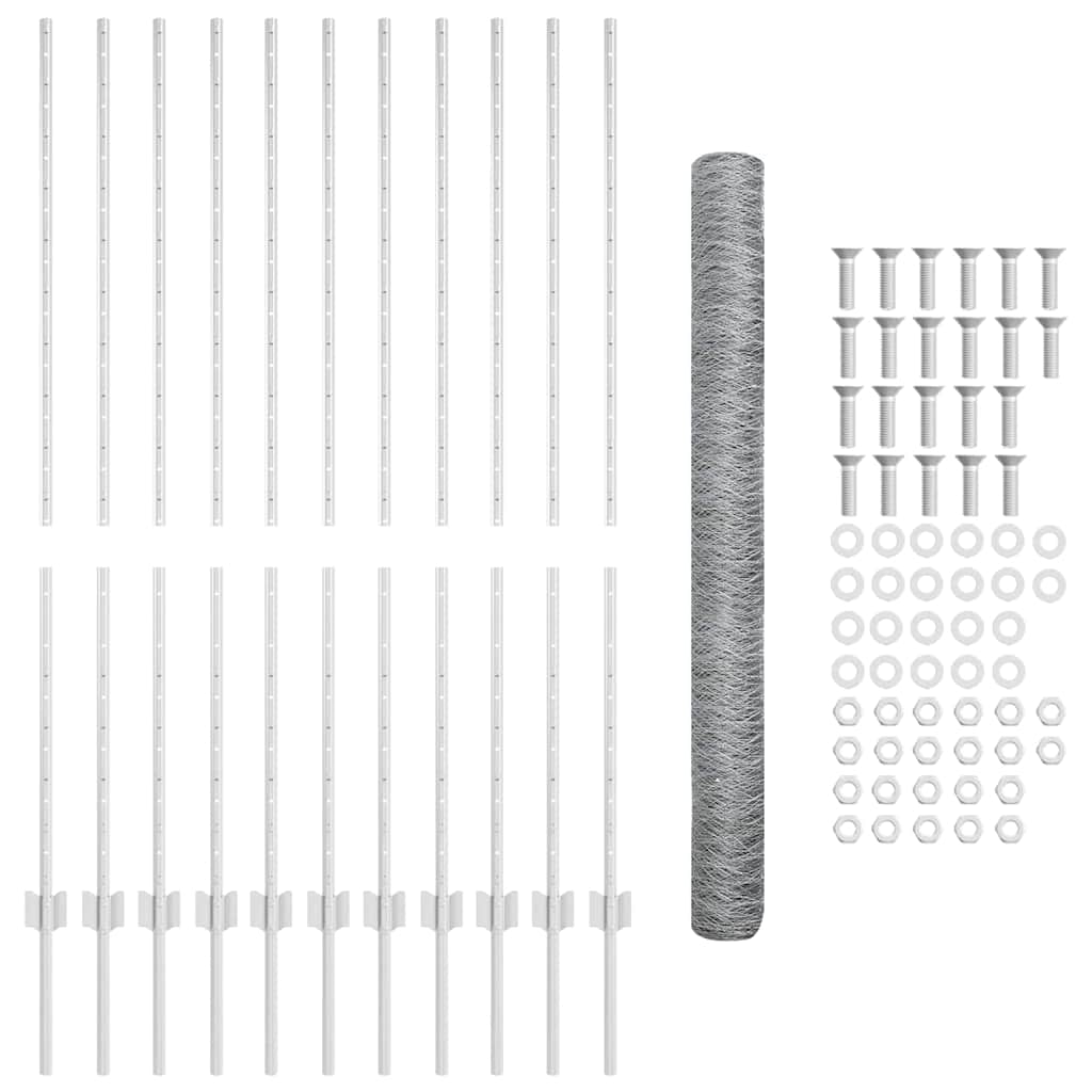 Sekskantet gjerde med post 25 x 1,4 m Galvanisert stål Sølv