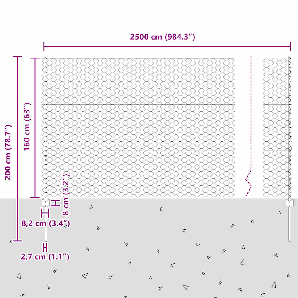 Sekskantet gjerde med post 25 x 1,6 m Galvanisert stål Sølv