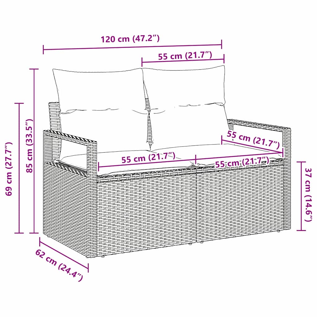 Hagemøbelsofa med pute Grå 120 x 62 x 69cm polyrotting