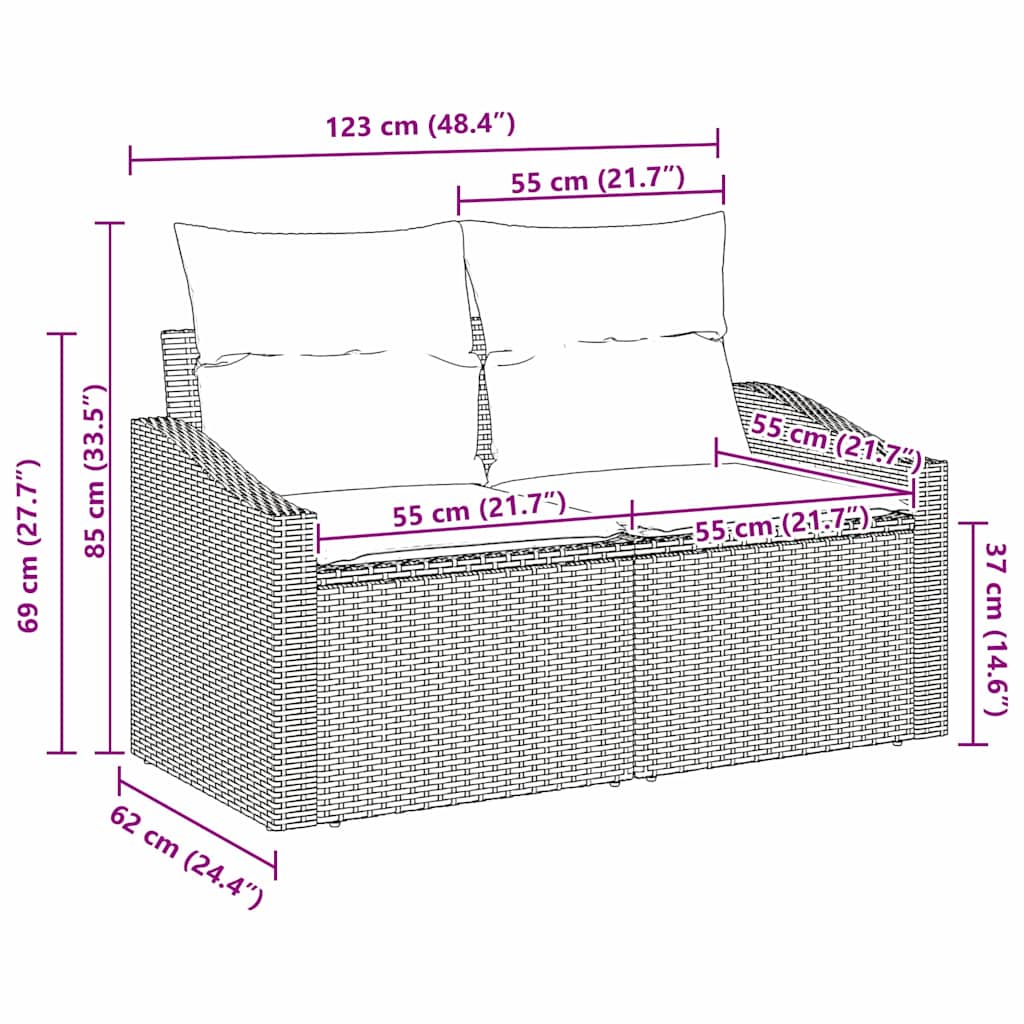 Hagemøbelsofa med pute Grå 123 x 62 x 69cm polyrotting