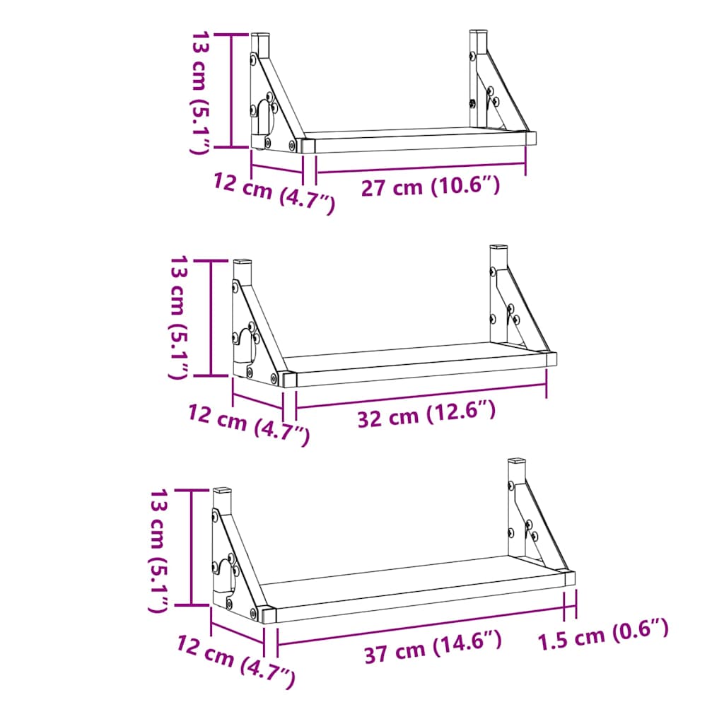 Vegghylle Veggmontert 3 pcs Røyk Eik 37 x 12 x 13 cm