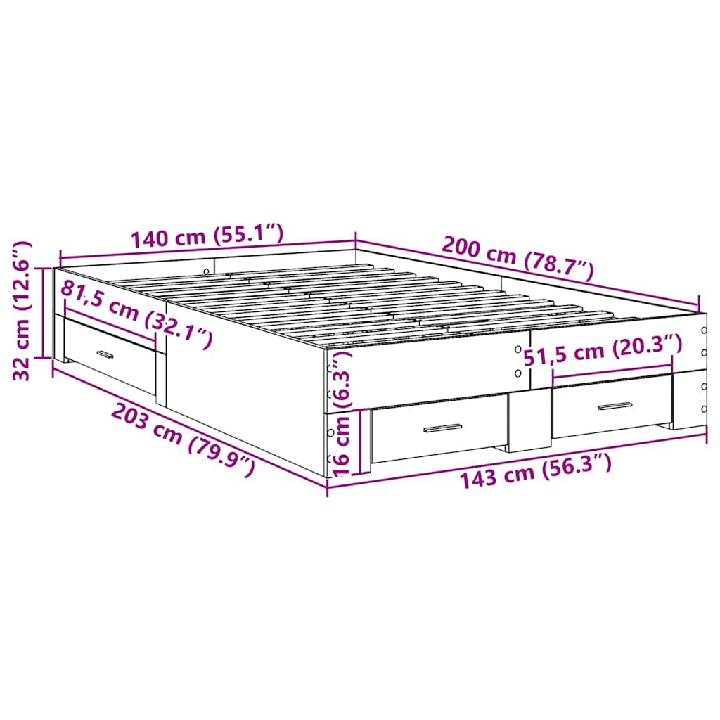 Sengestamme med skuff Brun 140 x 200 cm Konstruert tre