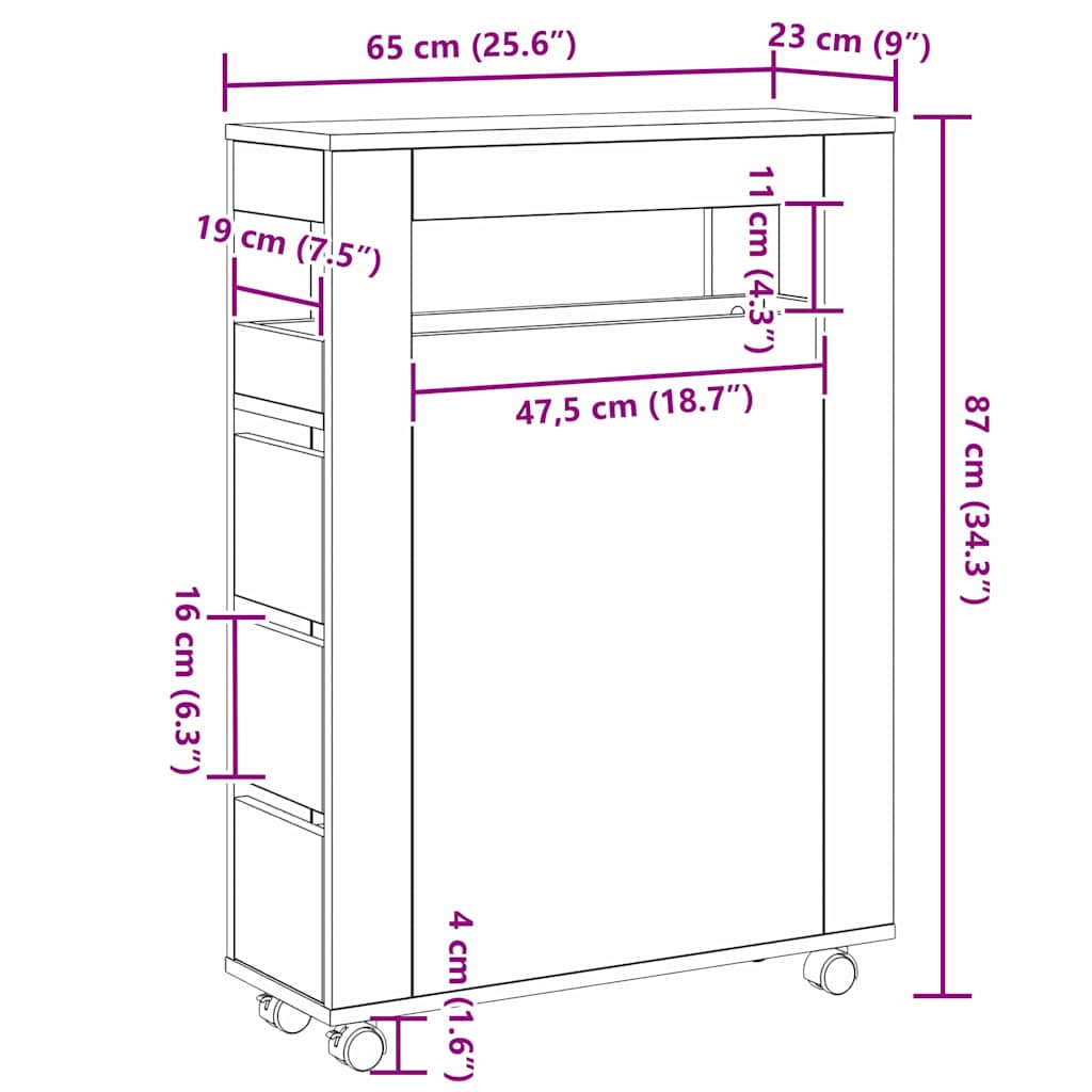 Baderomsinnredningssett med hjul Svart Eik 65 x 23 x 87 cm