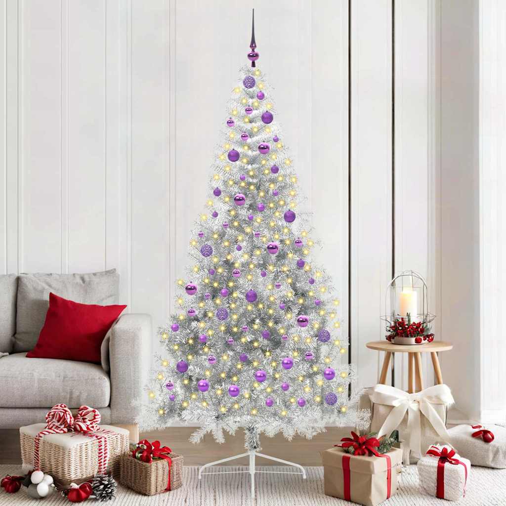 Kunstig Forhåndsopplyst Juletre med 300 LED sølv 210 cm PET
