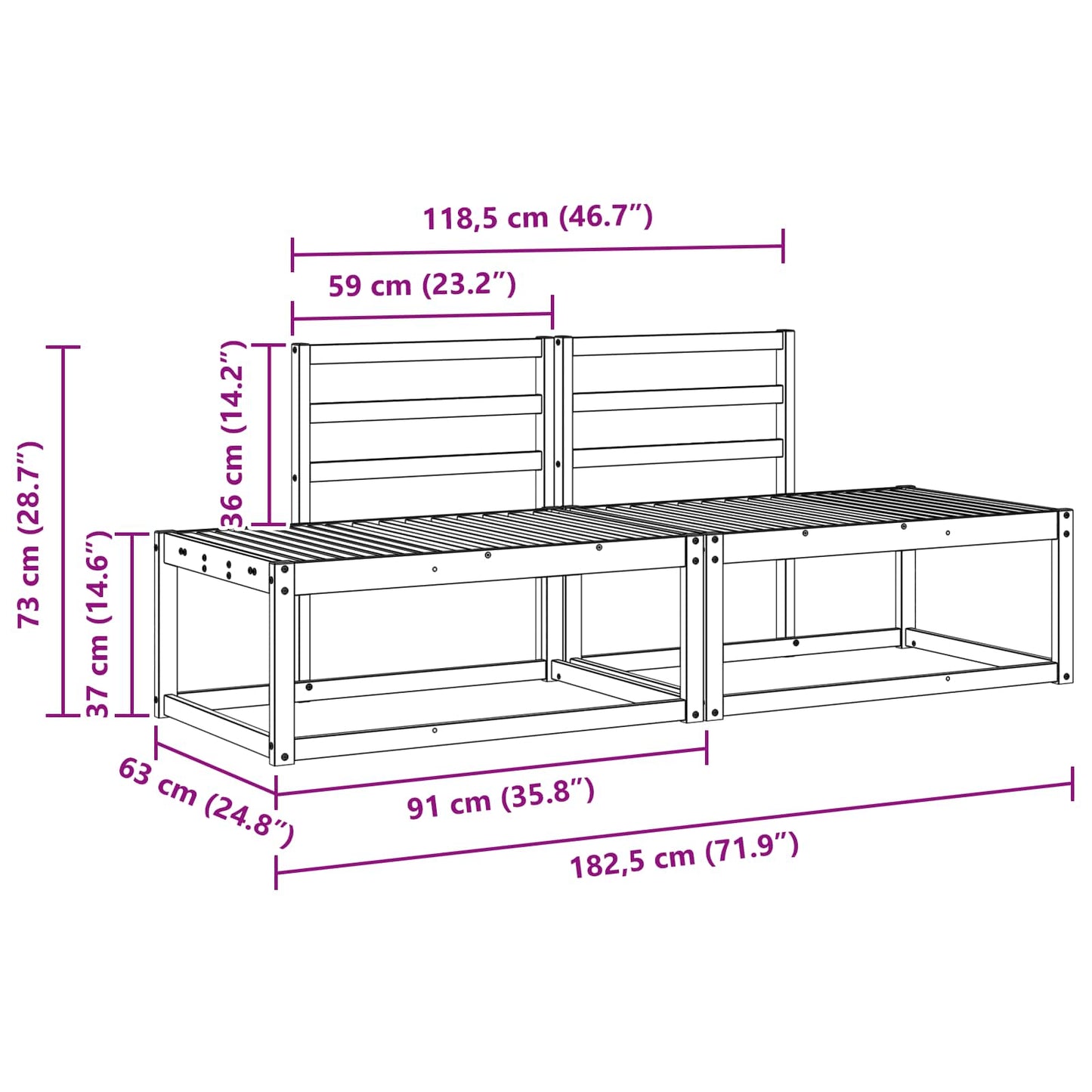 Utendørs sofa-sett 2 pcs Naturlig 182,5 x 63 x 73 cm